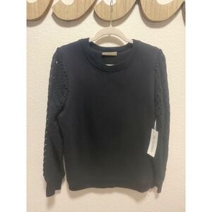 78&Sunny Womens Black Pointelle Knit Puff Sleeve Crewneck Sweatshirt Large
